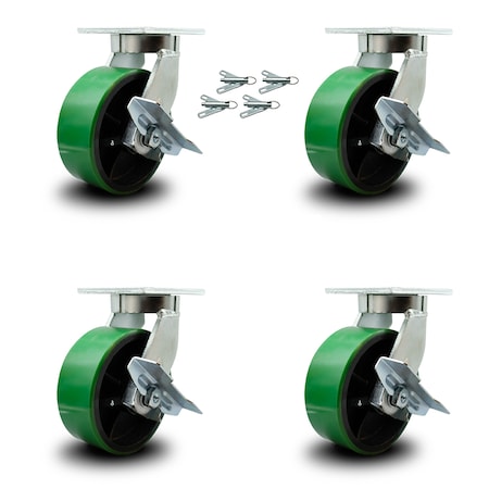 Service Caster 8 Inch Heavy Duty Green Poly on Cast Iron Caster Set with Brake and Swivel Lock SCC-KP92S830-PUR-GB-SLB-BSL-4